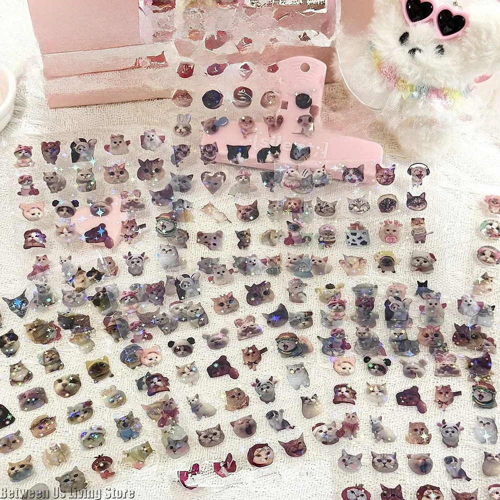 Cute Cat Laser Stickers Memo Pet Glitter Waterproof Translucent Funny Stationery Cute Scrapbooking Materials Craft Supplies