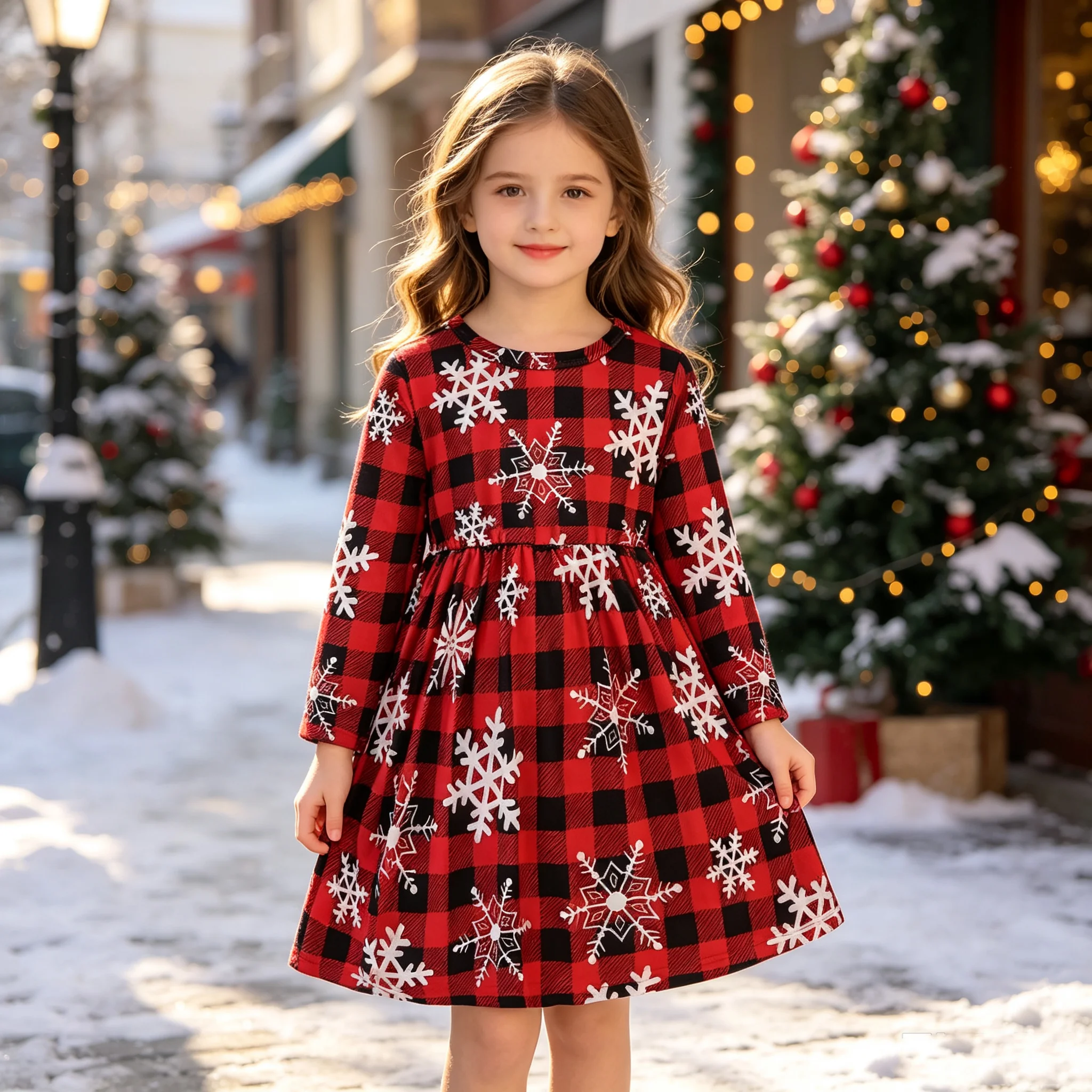 Children's Christmas Plaid Dress with Snowflake Print round Neck Long Sleeve Elegant Mid-Length Skirt for Girls Casual Outfit