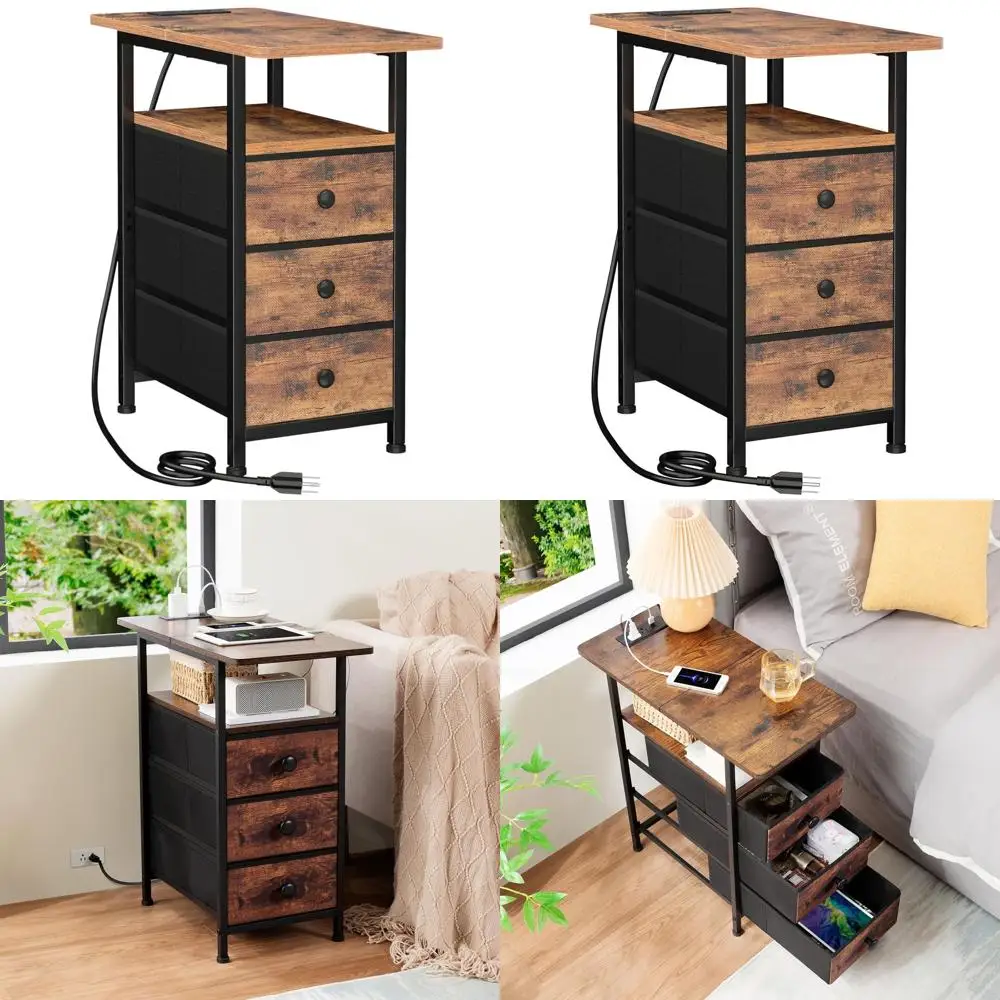 

Rustic Brown Charging Station End Table for Living Room, USB & Outlet Nightstand with 3 Drawers