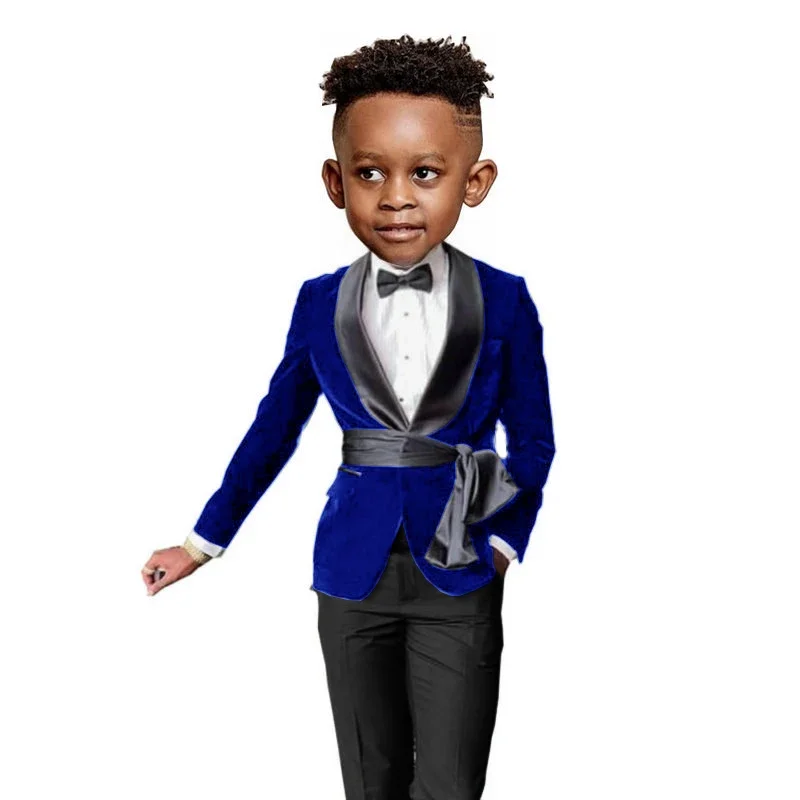 Fashion Black Velvet Boys Wedding Suits Children Performance Party Dress Costume Toddler Kids Blazer Pants Belt Clothing Sets