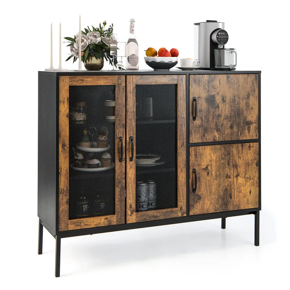 Costway Farmhouse Buffet Sideboard Console Table Cupboard w/ Metal Mesh Doors & Cabinets