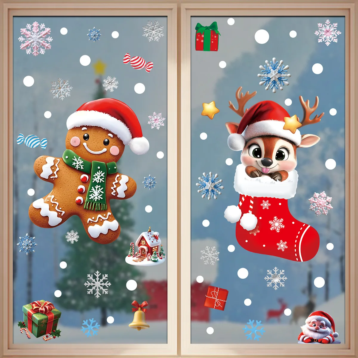 2025 Weihnachts-Statisch Haftende Aufkleber Lebkuchenmann Schneemann Schneeflocke Weihnachtsmann Fensterdekoration für Feiertagsparty-Dekorationsbedarf