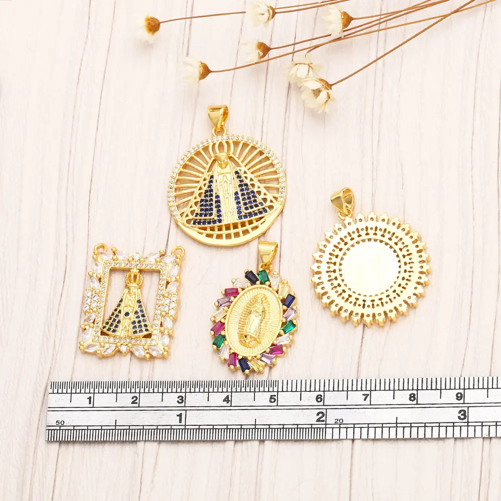 OCESRIO Big Virgin Mary Necklace Pendant Copper Gold Plated CZ Round Medal Jewelry Making Supplies Santa María pdta940