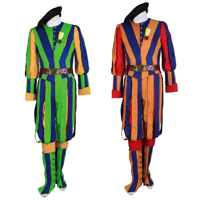 

Switzerland Soldiers Cosplay Swiss Guard Costume Orange Green Striped Uniform Halloween Carnival Party Suit for Men