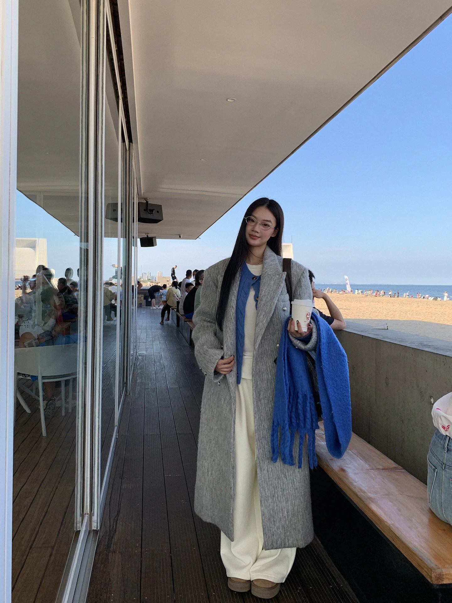 Długi płaszcz wełniany damski G Sle na zimę, elegancki, super piękny, dzianinowy, do pracy, o prostym kroju.