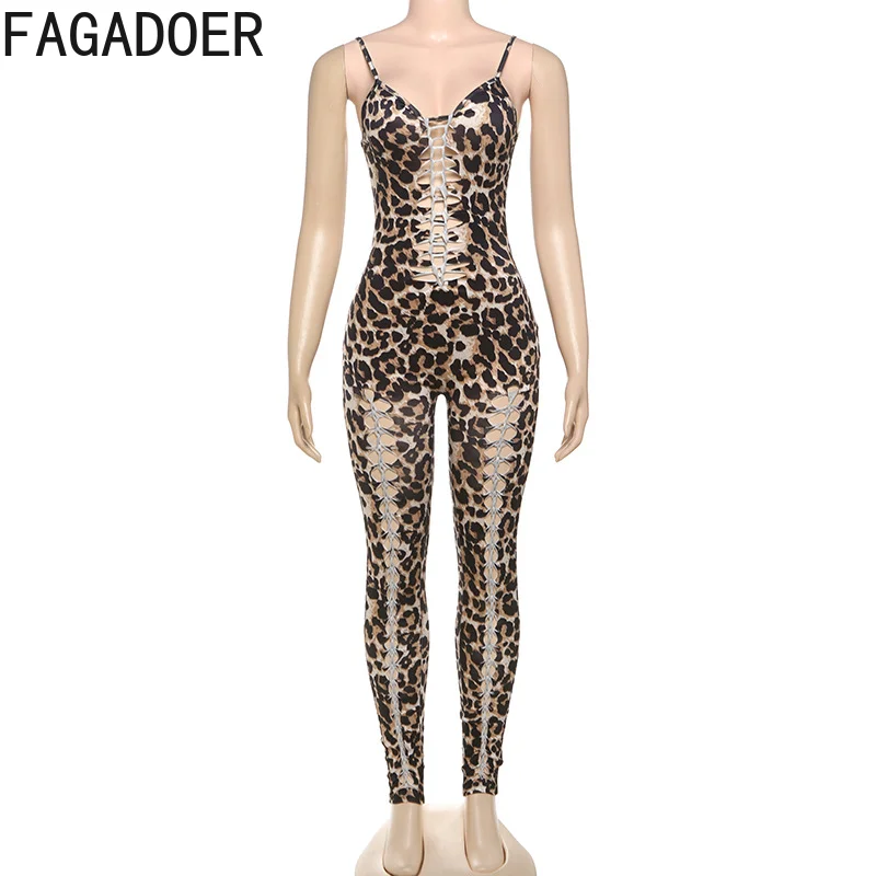 FAGADOER Sexy Hollow Bandage Patchwork Bodycon Jumpsuits Women Leopard Print Spaghetti Strap Rompers Female Streetwear Overalls