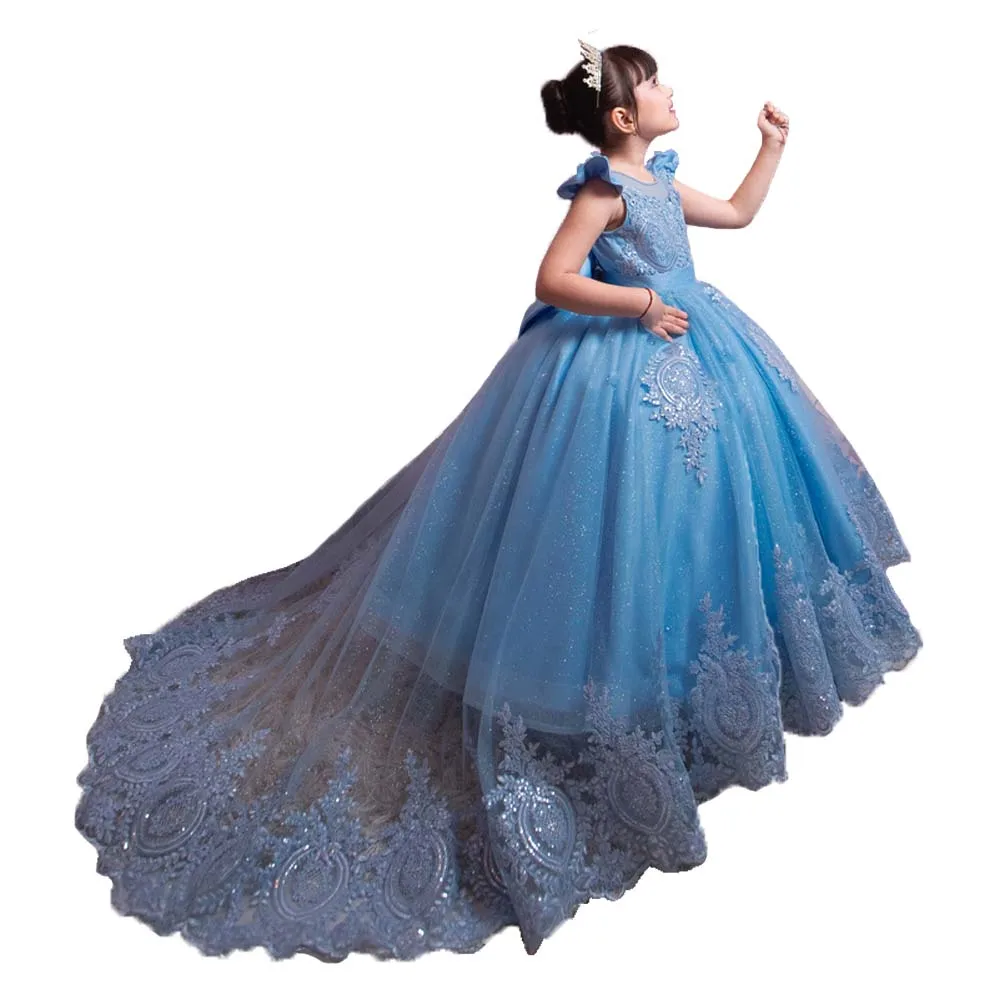 فستان الأميرة للفتيات الأزرق مزين بالخرز من التول فستان فتاة الزهور مع ذيل قابل للانفصال/فيونكة مخصصة للحفلات