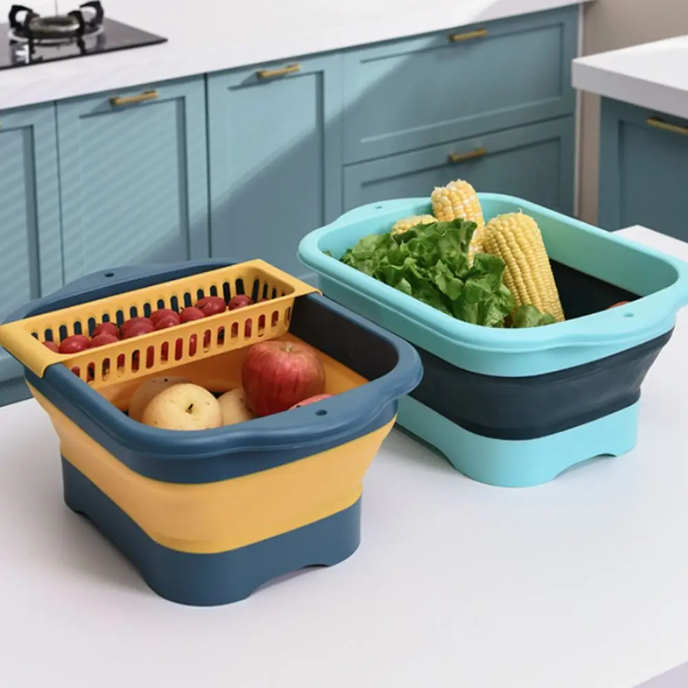 Double Layer Foldable Fruit Vegetable Washing Basket Raised Base Hanging Collapsible Drainer Thickened with Drainage Outlet