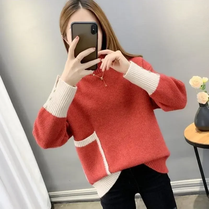 Autumn Winter Color Blocking Pocket Sweaters Women High-quality Long Sleeve Button Mock Neck Casual Keep Warm All-match Top LJ47