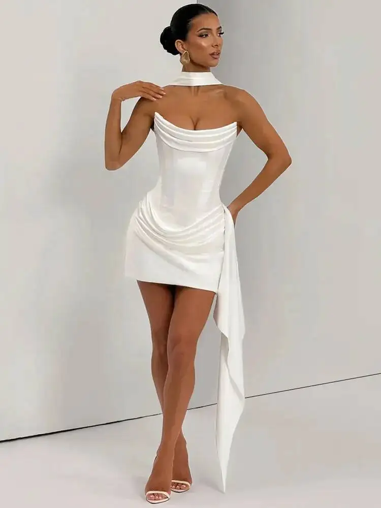 

2026 Summer Off-shoulder Strapless Sexy Mini Dress Women Elegant Backless Sleeveless High Waist Draped Ruched Club Party Dresses