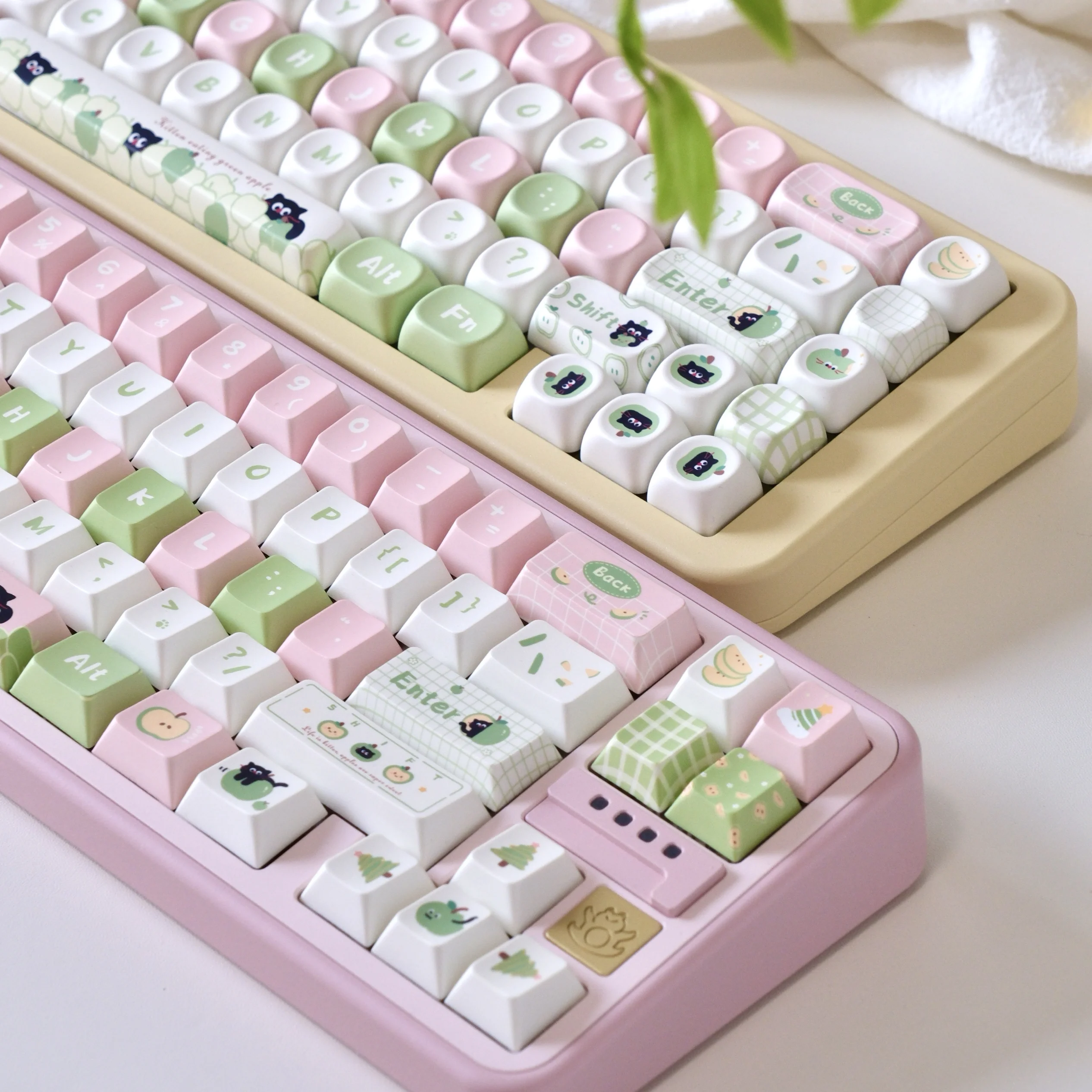 Imagem -04 - Cute Cherry Pbt Keycaps para Apple Cat Rosa Branco Verde Moa Space Bar Teclas Adicionais Sublimação Térmica 129 Chaves