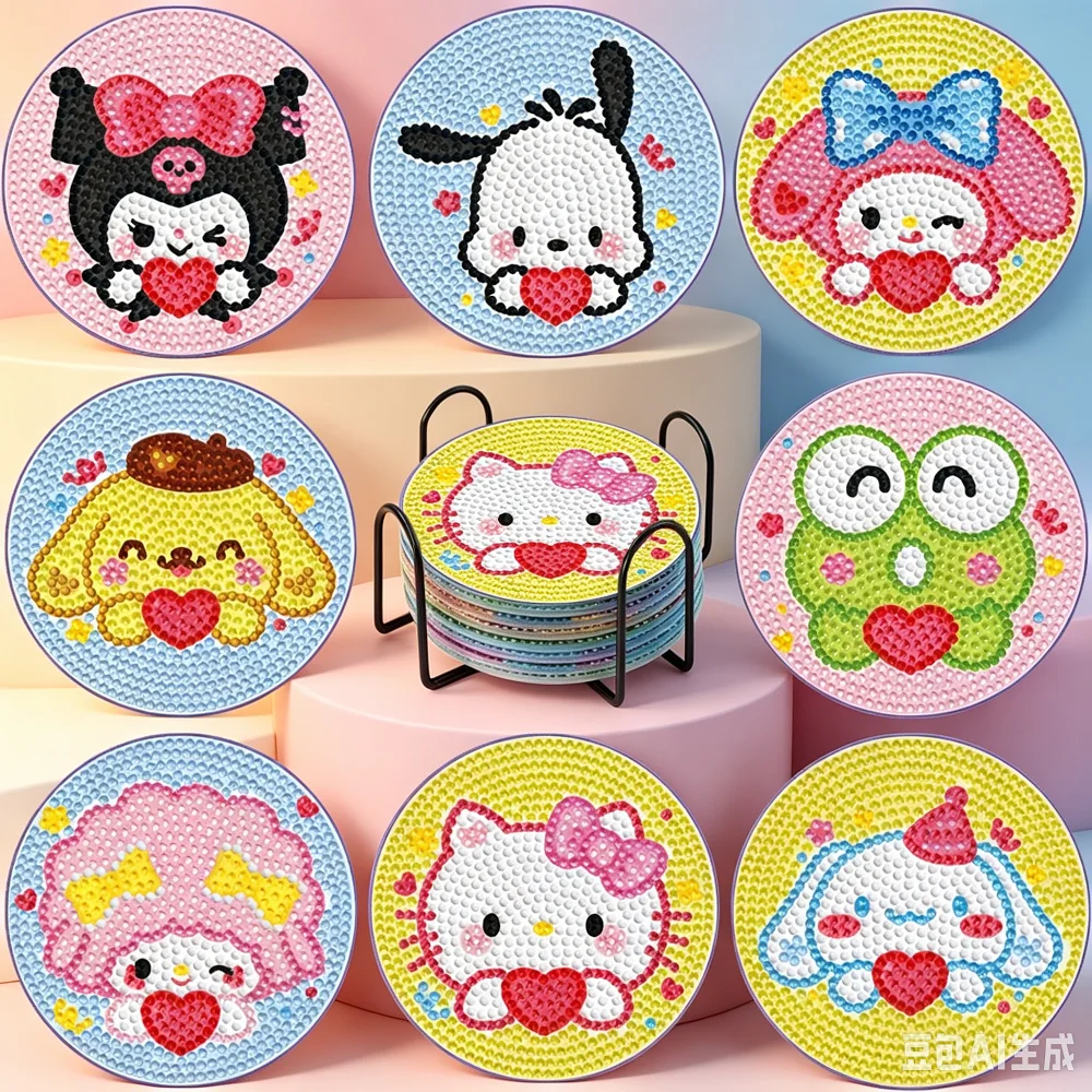 

8Pcs Hello Kitty Characters Diamond Painting Coaster Kit, 5D Full Drill Cute Cartoon Rhinestone Drink Mat, DIY Art Coaster for