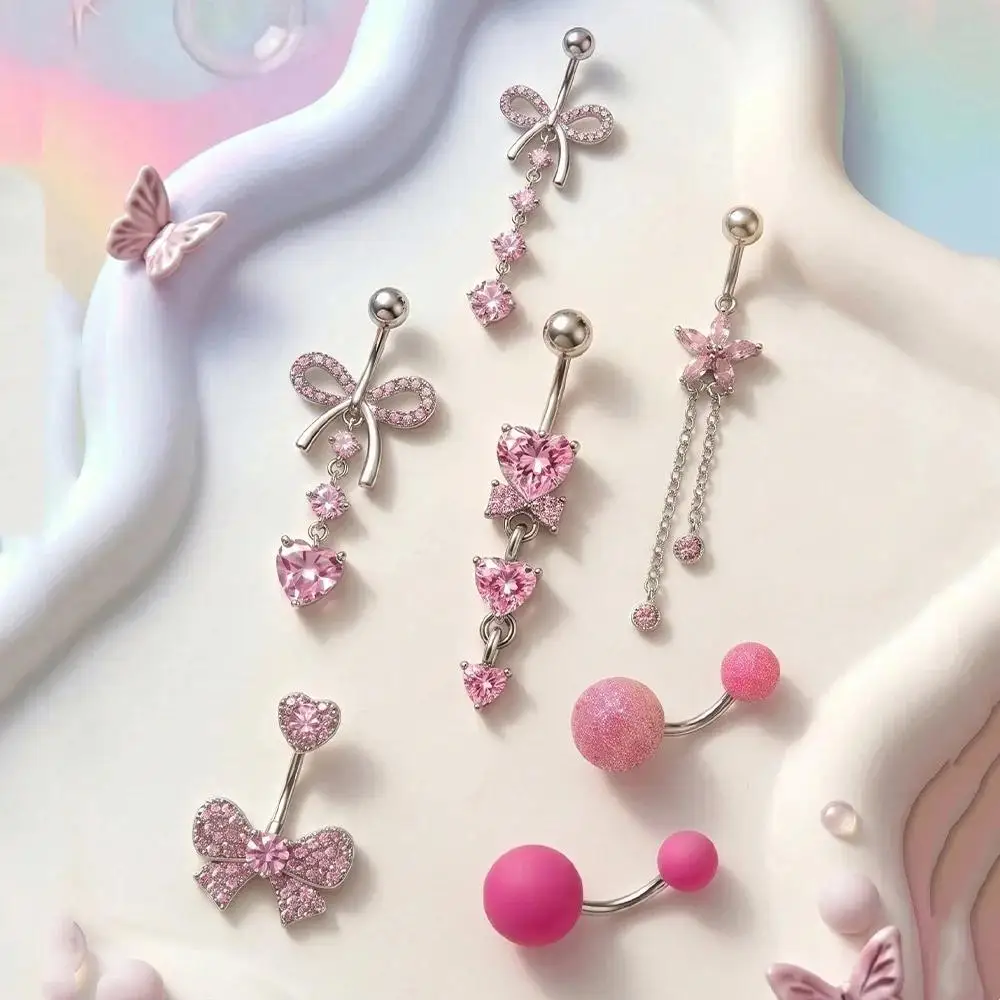 1 Piece 14G Pink Belly Button Ring Heart Bow Cute Navel Piercing Belly Ring Belly Bar Belly Button Piercing Belly Rings 10mm