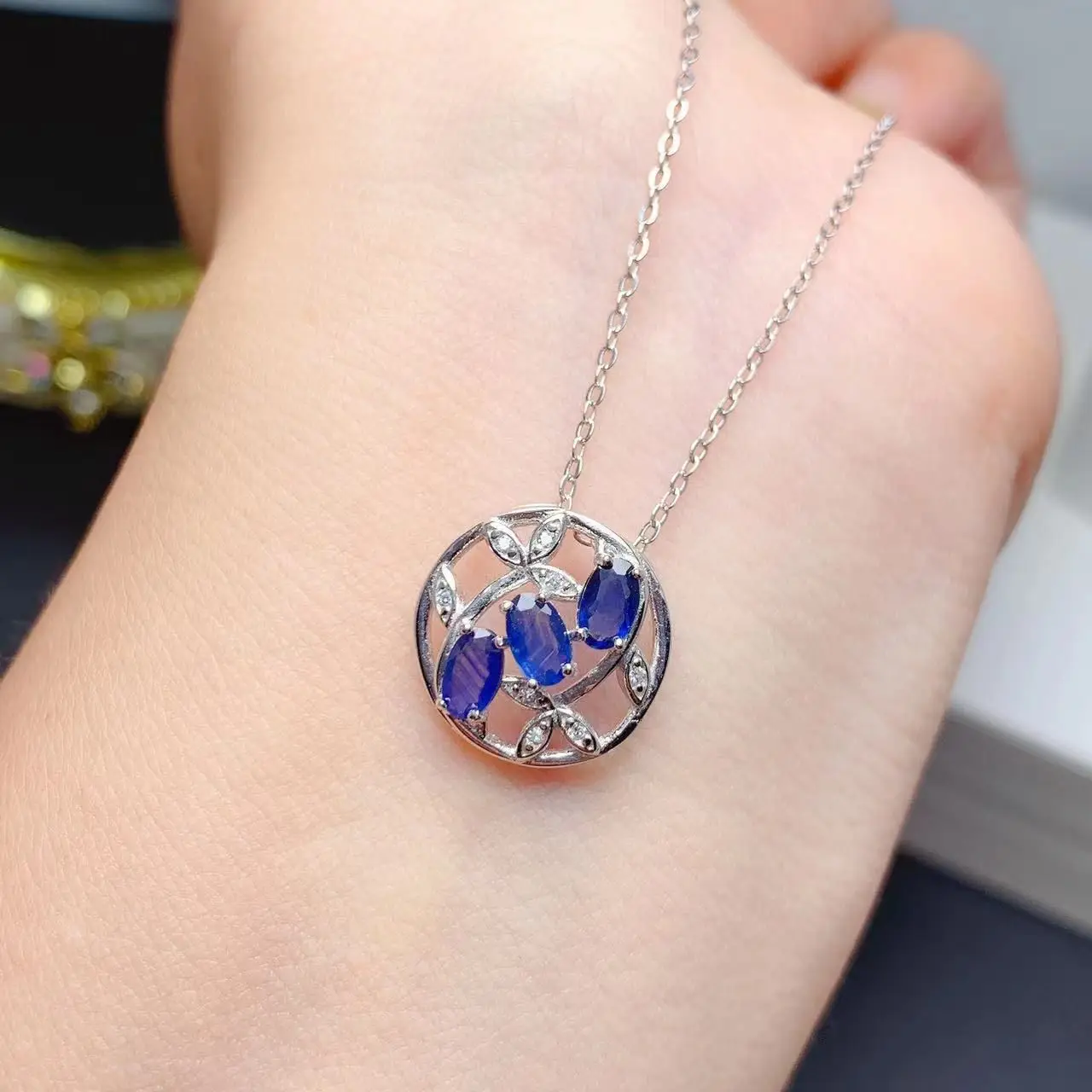 Best Seller ZECAA Sapphire Jewelry With Natural Blue Sapphire Gemstone 3*5mm Lady Silver Blue Sapphire Pendant Jewelry For Girl