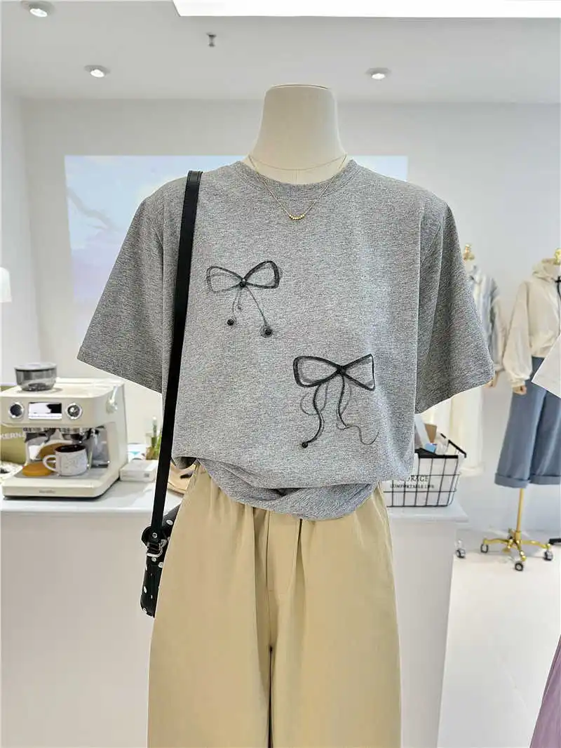 Summer Women's Cotton T-shirt Fashion Round Neck Loose Bow Nail Bead Short Sleeve Top Personality Oversized Harajuku Tees
