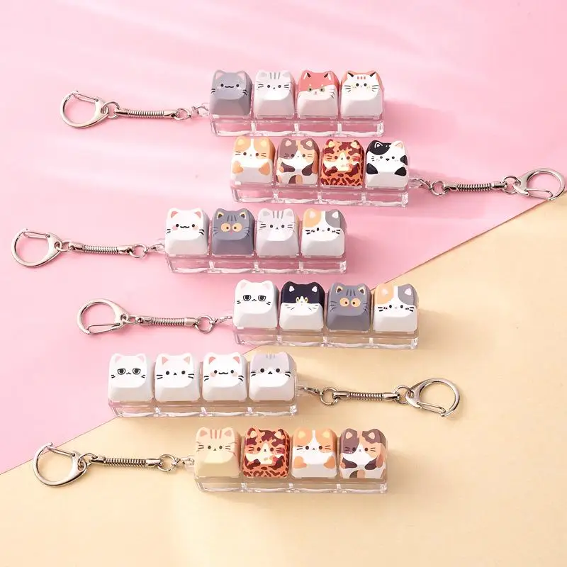 1Pcs Cute Cat Keyboard Fidget 4 Keys Creative Design Keycap Keyring Finger Button Kawaii Mechanical Keyboard Keychain
