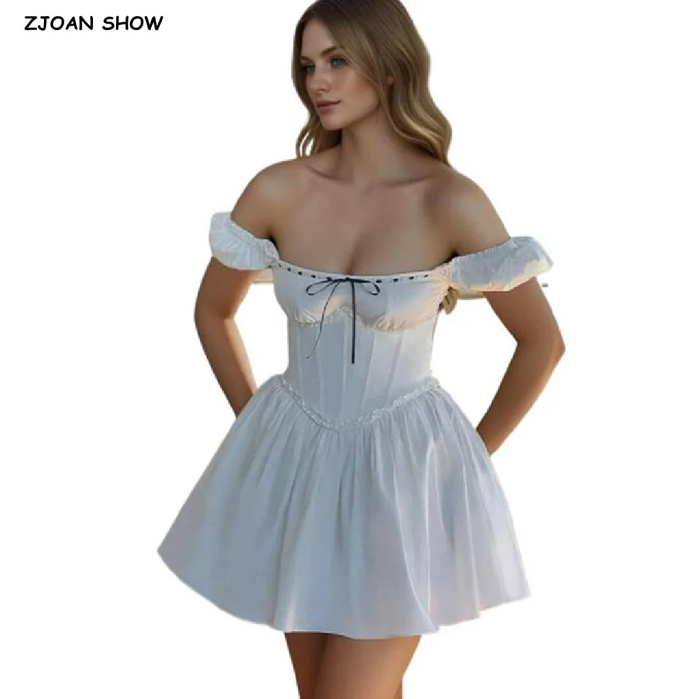 2025 White Black Ribbon  Slash Collar Off Shoulder Corset style Mini Dress Women Cross Lacing Up Bandage Back Swing Party Robe