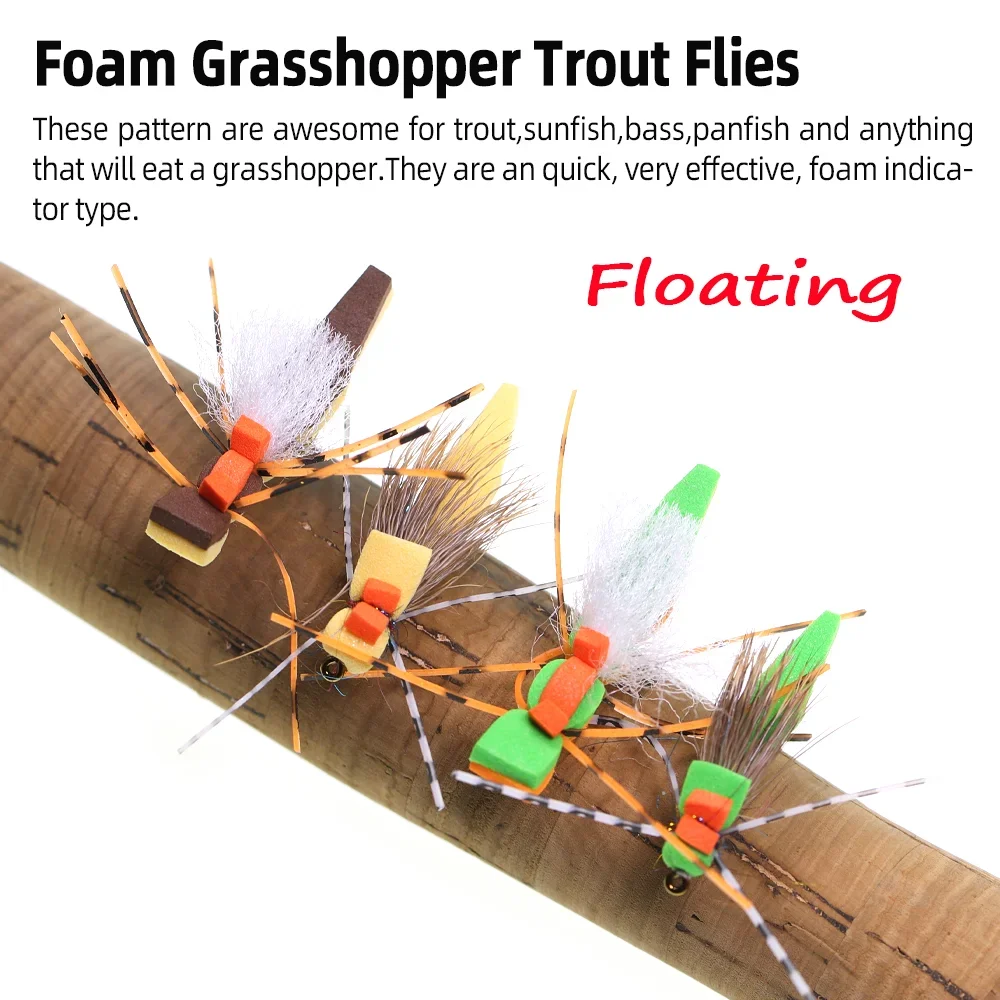 Wifreo 4pcs Foam Body Grasshopper Dry Fly Floating Hopper Deer Hair Rubber Legs Trout Flies Bass Panfish Fishing Lure Baits #8