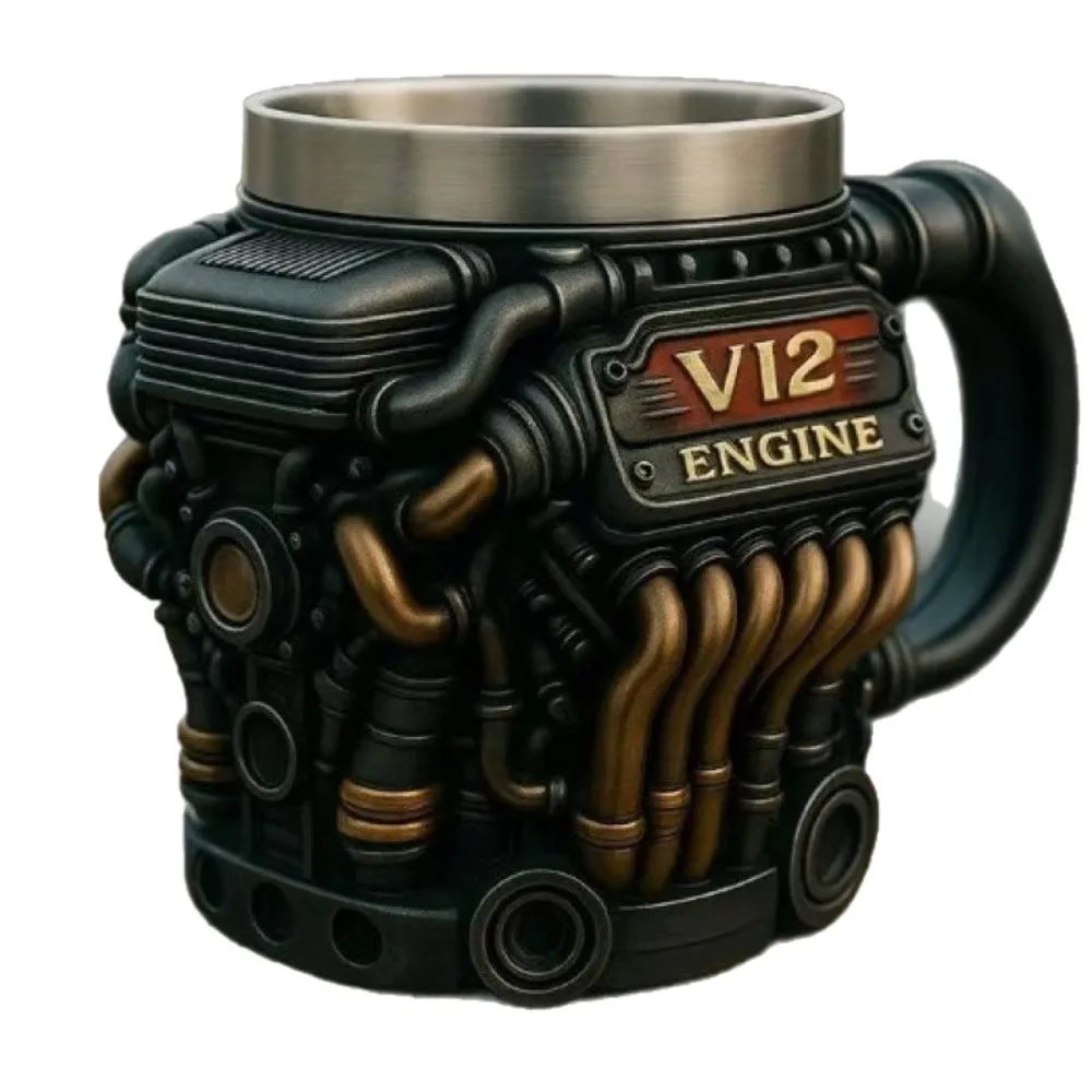 

New Engine Design Resin Mug with Inner Liner Minimalist Personality Mechanical V12 Motor Cup Automotive Gift for Party