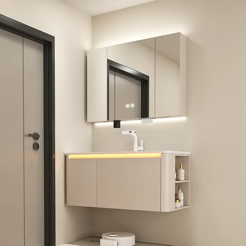 Solid Wood Bathroom Cabinet with Induction Light Integrated Ceramic Basin Sink and Side Storage Layer Vanity Unit