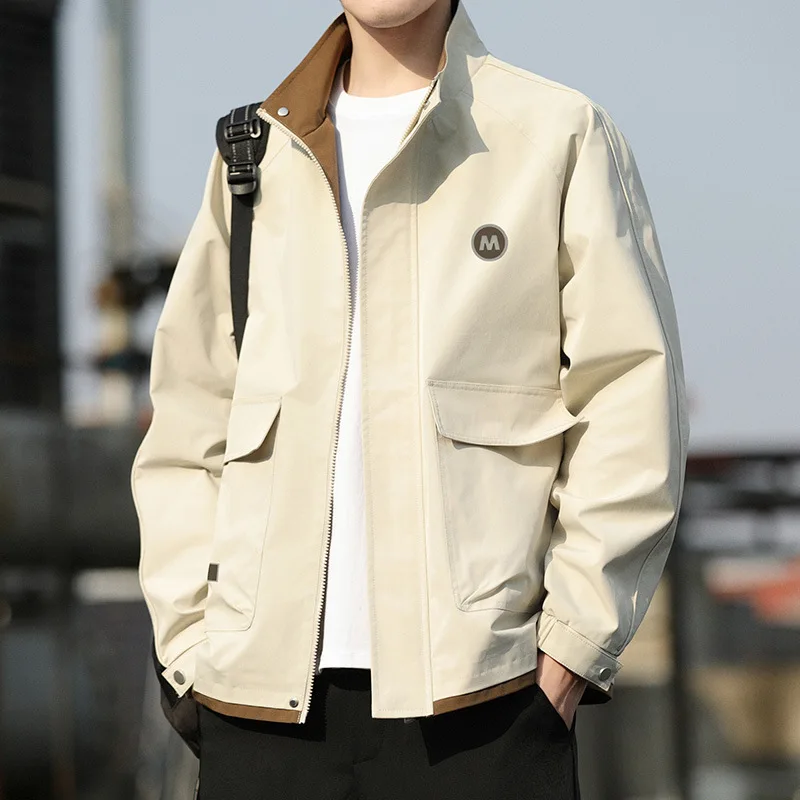 

Men's Stand Collar Jacket Autumn Trendy Brand Versatile Plus Velvet Thickened Waterproof Loose Top Jacket for Men