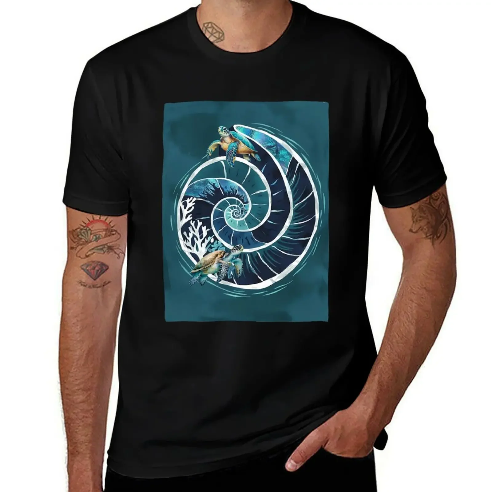 

Nautical Nautilus Spiral Shell in Deep Ocean Blues – Marine-Inspired Ocean Art T-Shirt oversizeds anime tshirt men clothings