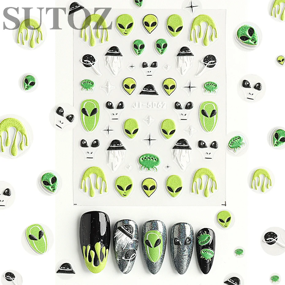 5D Alien Creatures นูนสติกเกอร์เล็บสีเขียว Aliens สีดํา Airship Design น่ารัก Interstellar สไตล์ Nail Art Decors # จี-5D62