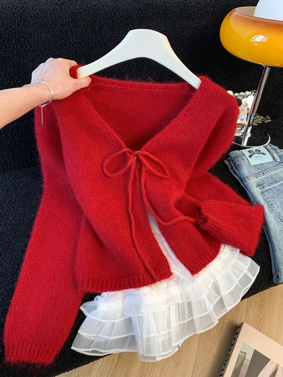 

Романтический вязаный ор-кардиган с кружевной отделкой, женский модный свитер V-Ne Long Sve Thiened, зимний теплый топ