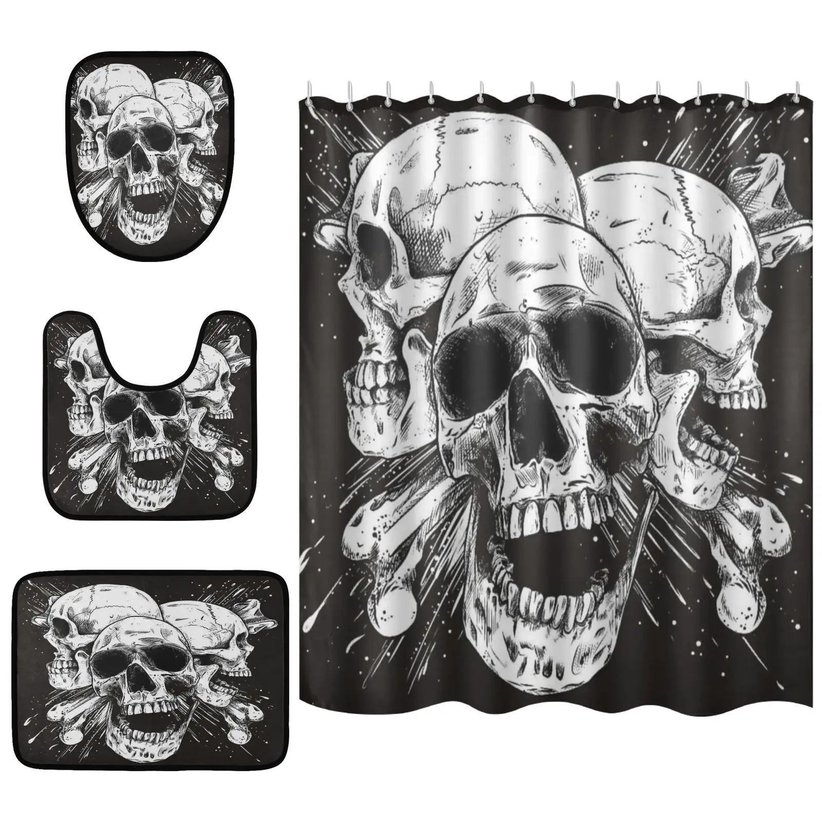 Shower Curtain 4-piece Set Skull print Shower Curtain with 12 hooks Carpet U-Shaped Pad Water Proof Wholesale New 2025