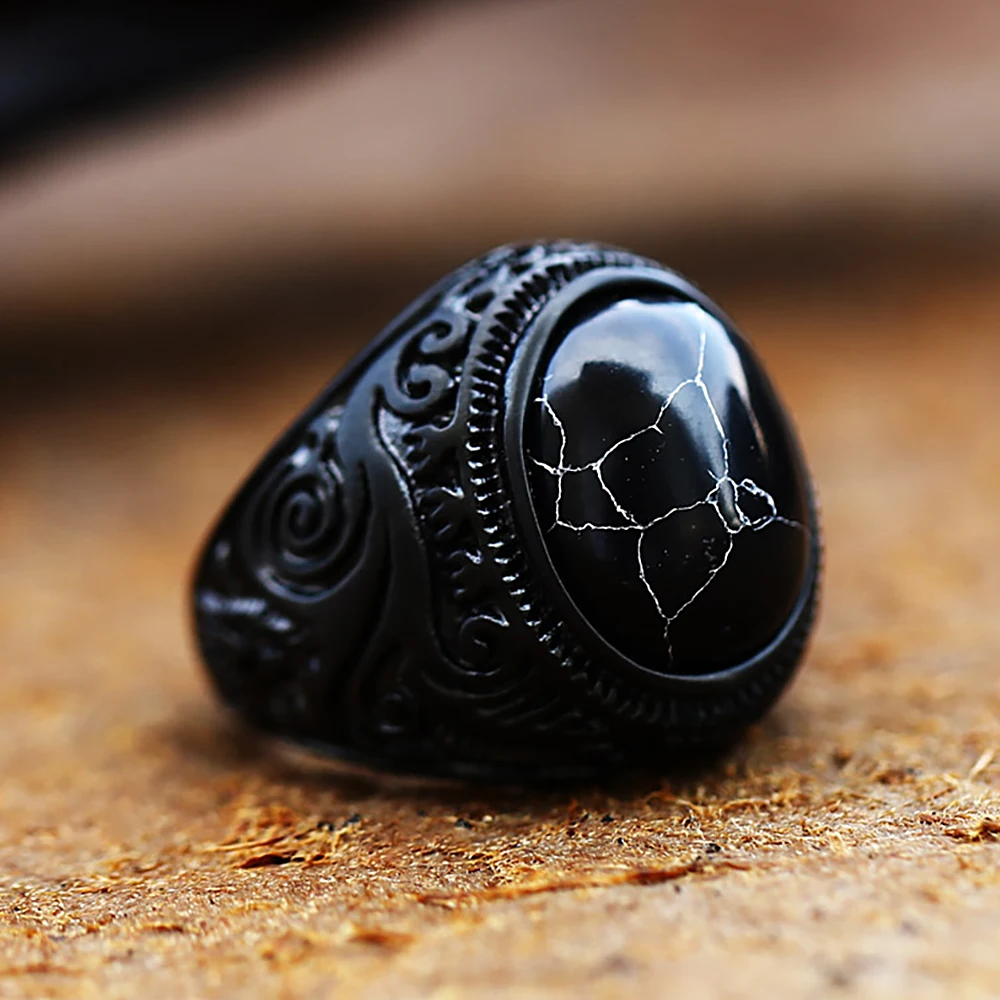 Punk Vintage Stainless Steel Black Stone Ring for Men Women Gothic Fashion Carved Ring Biker Amulet Jewelry Gift Dropshipping