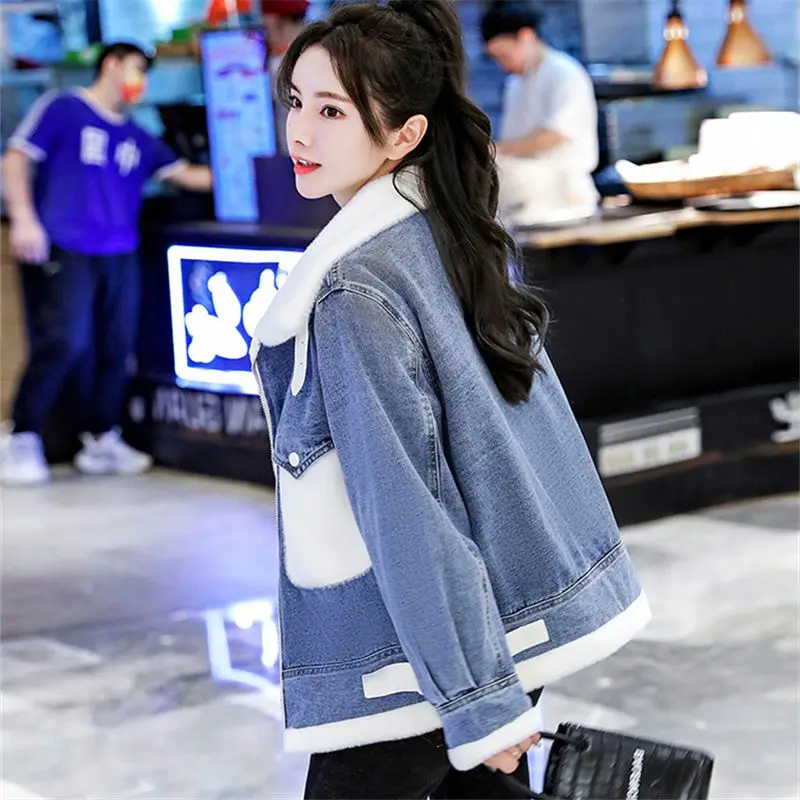 Lamb Wool Denim Jacket Women Overcoat  Autumn Winter 2024 New Thick Warm Parka Female Outwear Loose Elegant Cotton-Padded Jacket