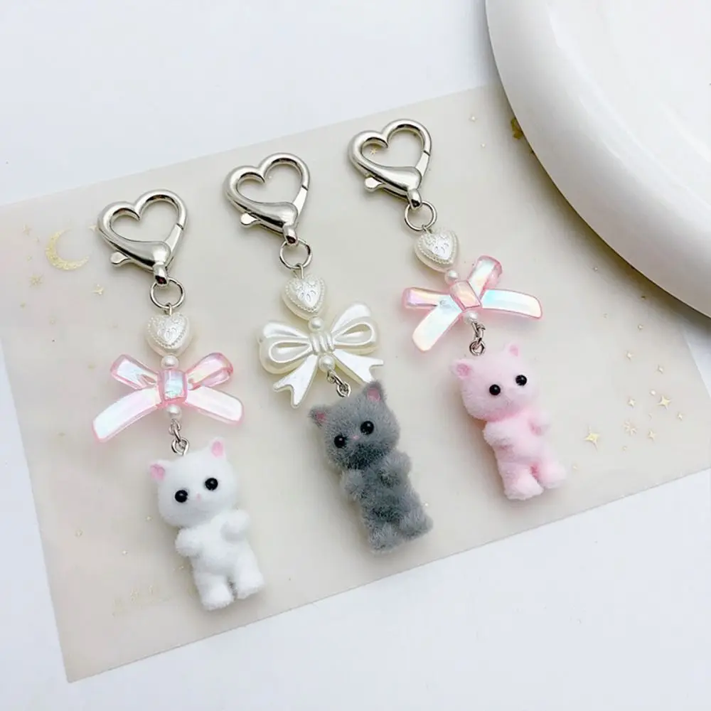 Cartoon Cat Pendant Keychain Flocking Cute Animals Pendant Key Chain Fashion Delicate Heart Bow Shaped Key Ring Women