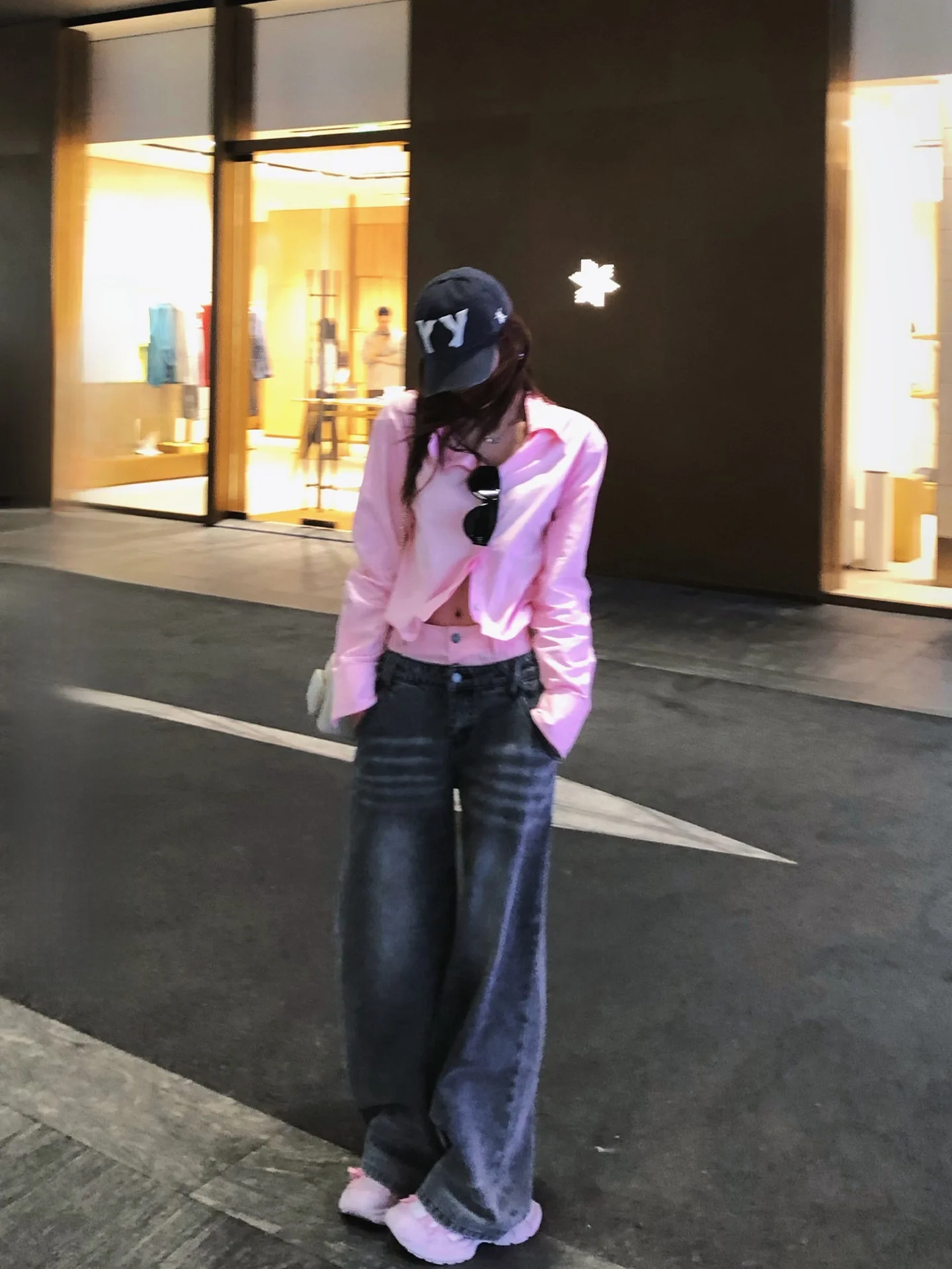 

LILILIWJ Color Block Wide Leg Jeans Heavy Work 85 Cotton Washed Splicing Waist Head Women's Loose Fit Natural Waist Jeans