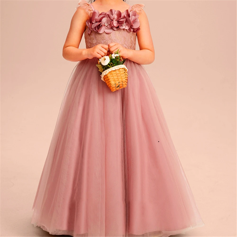 First Communion Gowns Kids Birthday Present Sleeveless Tulle Decal Sling Flower Girl Dress Princess Ball Beauty Evening Dresses