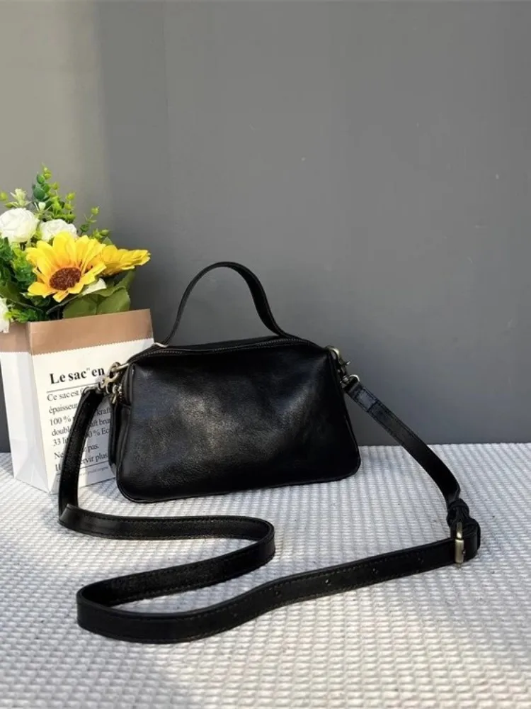 Casual Women Cowhide Genuine Leather Vintage Versatile Crossbody Bag Solid Color Box Bag Ladies Single Shoulder Bag Tote Handbag