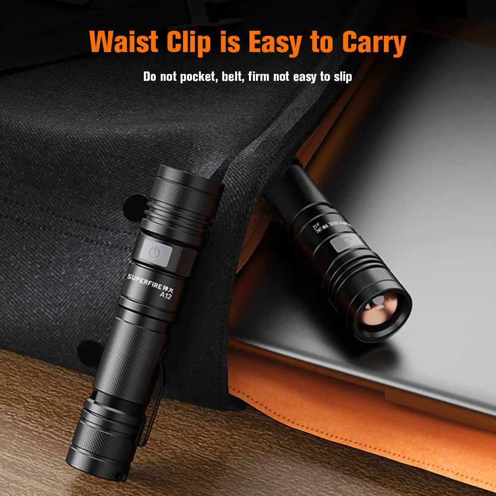 SUPERFIRE A12 High Power LED Flashlight USB Rechargeable Zoomable Tactical Torch 5 Modes Waterproof for Outdoor Fishing Lantern