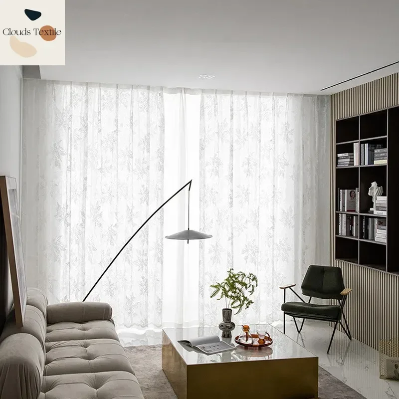 Nordic Simple Lace Maple Leaf Jacquard Warp Knitting Window Curtain Room Curtains for Living Dining Room Bedroom