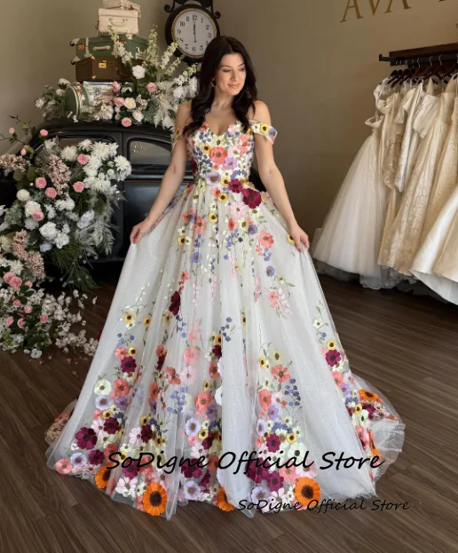 SoDigne A-line Flowers Embroidery Tulle Wedding Dress Sweetheart Off Shoulder Long Beach Bride Gown Vestidos De Novia Customized