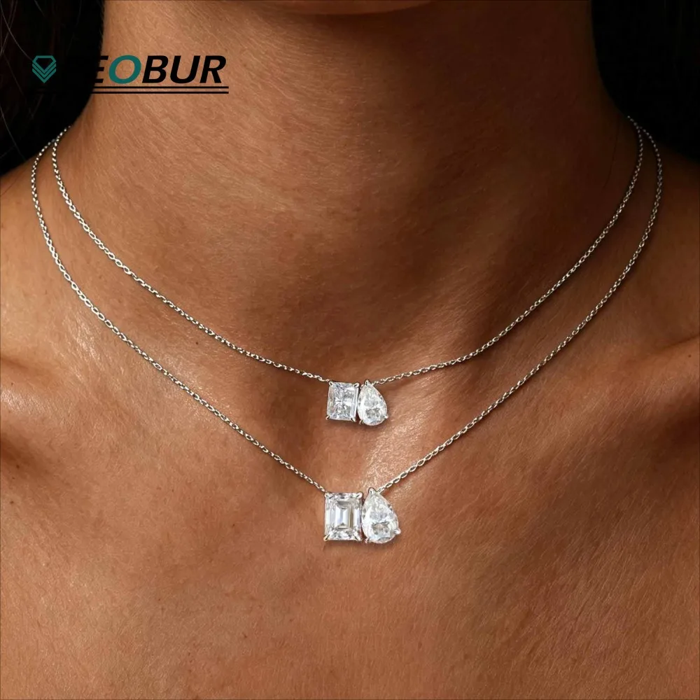 5cttw Two Stone Moissanite Necklace Real 925 Silver Pear/Emerald Cut Diamond Pendant NeckChain for Women Certified Jewelry Gift