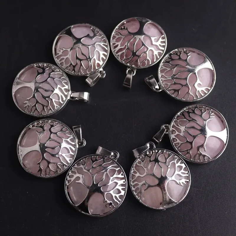 1/2/5pcs Tree of Life Natural Stone Pink Quartz Crystal Charms Pendant DIY Jewelry Making Necklace Accessories