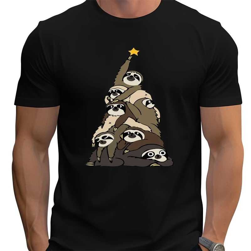 

Christmas Tree Sloths Round Collar Young T-Shirt Summer Fall Printed Tops Tees Camisas High Quality Cotton Harajuku T-shirts Men
