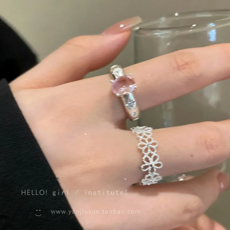 Pink Diamond Hollow Flower Ring for Women, Open Adjustable Finger Ring, Unique Dainty Nail Ring Gift
