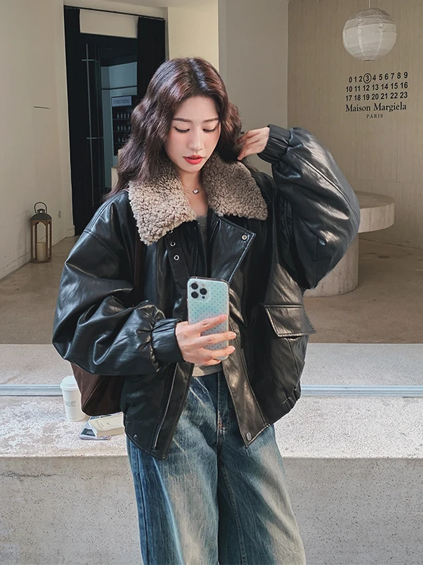 Cappotto Invernale da Donna in Pelle con Collo in Pelliccia d'Agnello, Imbottito in Piuma d'Oca, Bianco, Caldo, Casual, Vestibilità Ampia, Alla Moda