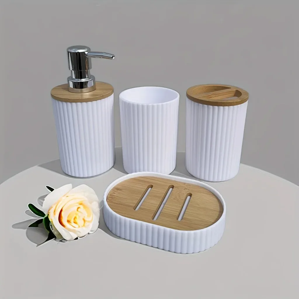 4pcs Bathroom Accessories Set Plastic Bathroom Accessories Toothbrush Holder Mouthwash Cup Soap Dispenser Soap Dish