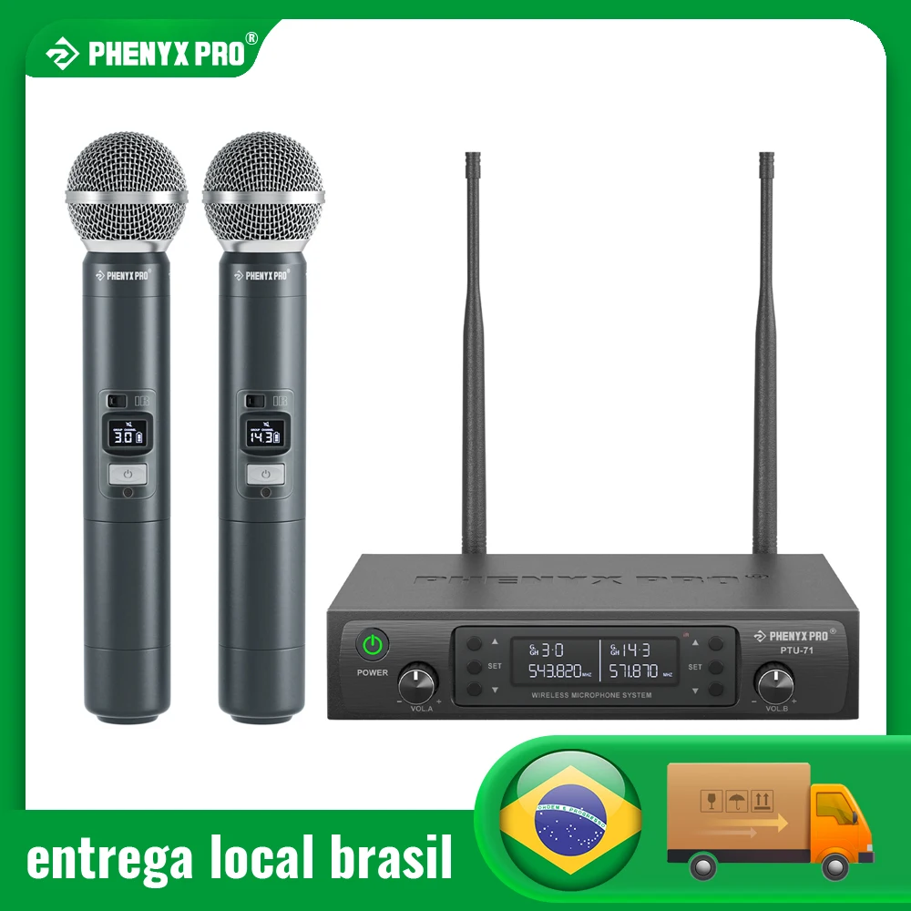 

Phenyx Pro UHF Dual Wireless Microphone System Profeesional Adjustable Sturdy Metal Build 100M For Church, Singing, Karaoke
