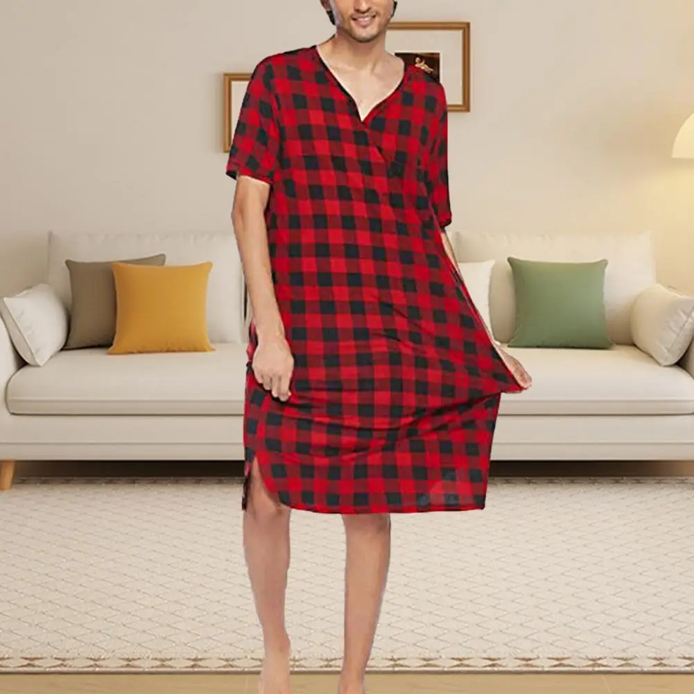 V-neck Pajamas Plaid Print Men's Summer Pajamas with Short Sleeves Chest Pocket V Neck Casual Sleep Robe One-piece for Comfort