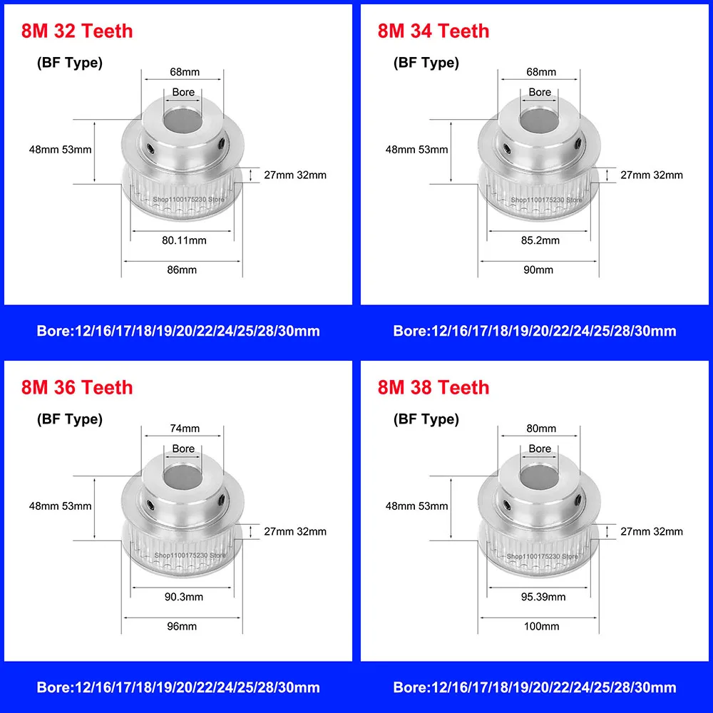 1Pcs HTD 8M Synchronous Timing Pulley 32/34/36/38 Teeth Bore 12mm-30mm Slot Width 27mm 32mm For 8M Timing Belt