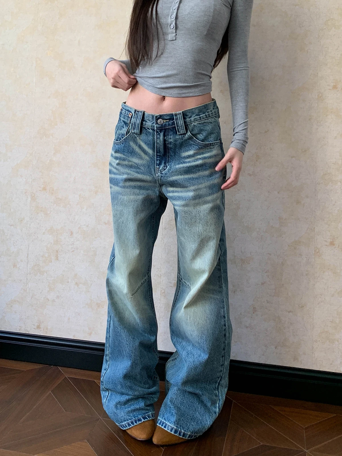 

Waed Blue Whisker Wide Leg Jeans American High Street Sle Women's Straight Long Pants Aket Vintage Denim Trousers