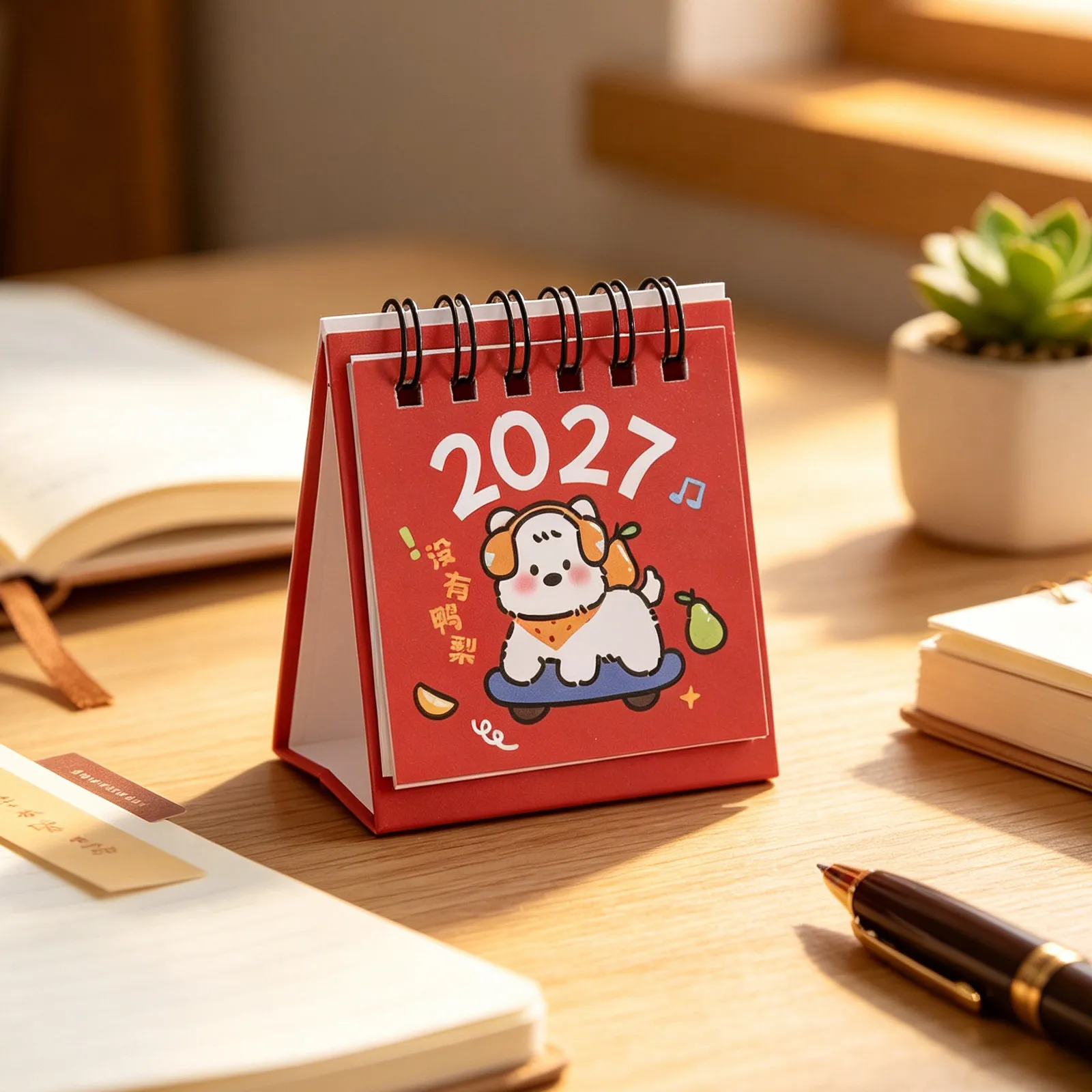 Mini Desk Calendar 2027 Cartoon Dog Pattern Standing Flip Desktop Calendar Metal Twin-Wire Binding Office School Daily Planning