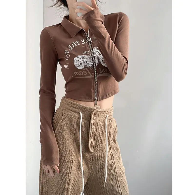 

Sexy Y2K Double Open Zipper Spring and Summer Korean Fashion Printing Long-sleeved T-shirt Back Tie Positive Shoulder Crop Tops